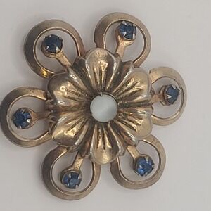 Brooch Pin Metal Flower Blue Stones White Cabochon Vintage Open Petals Gold Tone